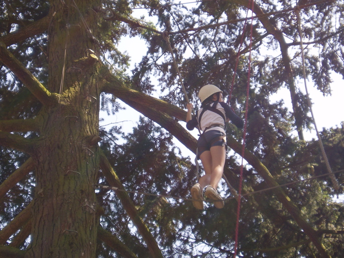 Lucy high above on the high ropes course